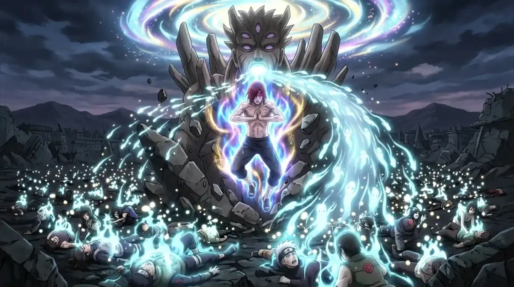 Rinne Tensei revival scene with glowing chakra energy and souls returning to bodies in Naruto anime style