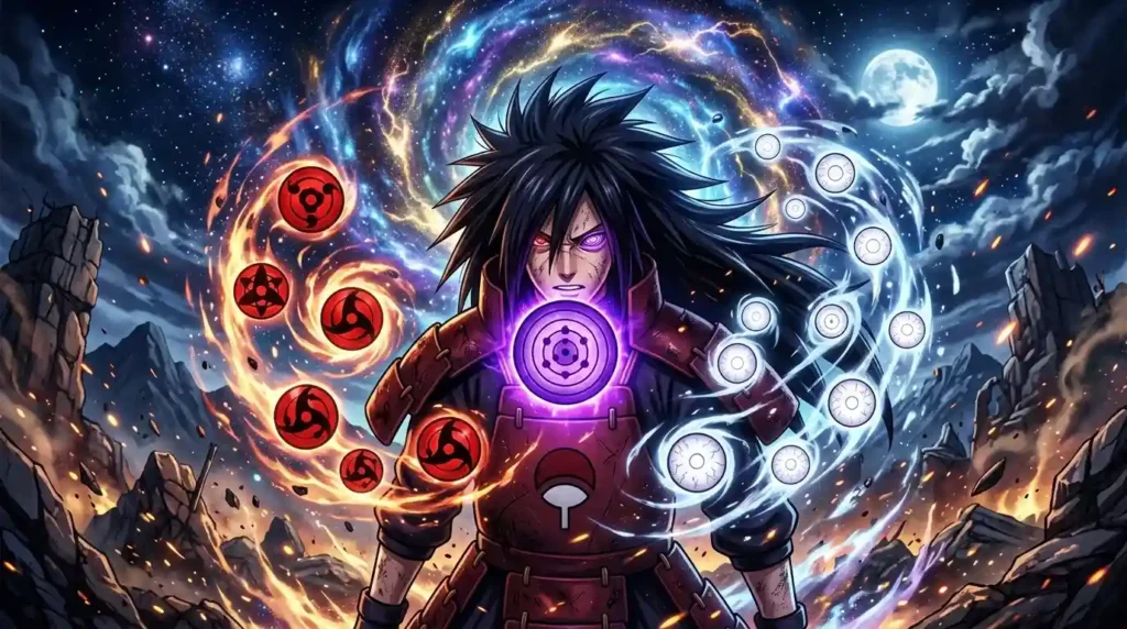 Rinnegan eye glowing purple with Sharingan and Byakugan symbols surrounded by cosmic chakra energy in Naruto anime style