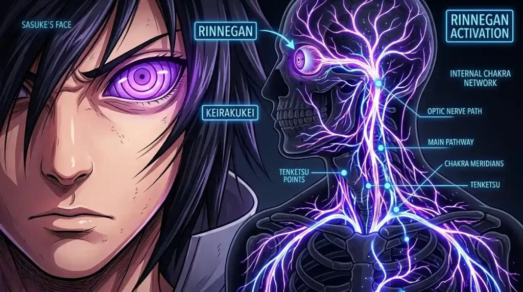 Close-up of Rinnegan showing chakra flow lines inside body with glowing energy veins in detailed anime style