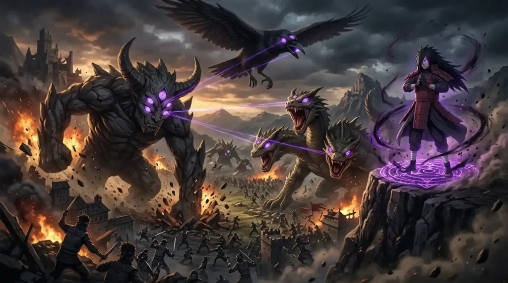 Rinnegan user summoning giant creatures with shared vision and glowing eyes in epic anime battlefield