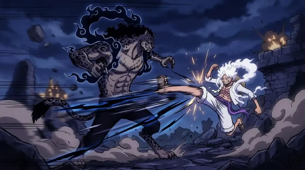 Rob Lucci awakened leopard form with black cloud aura showing high speed and powerful hybrid transformation