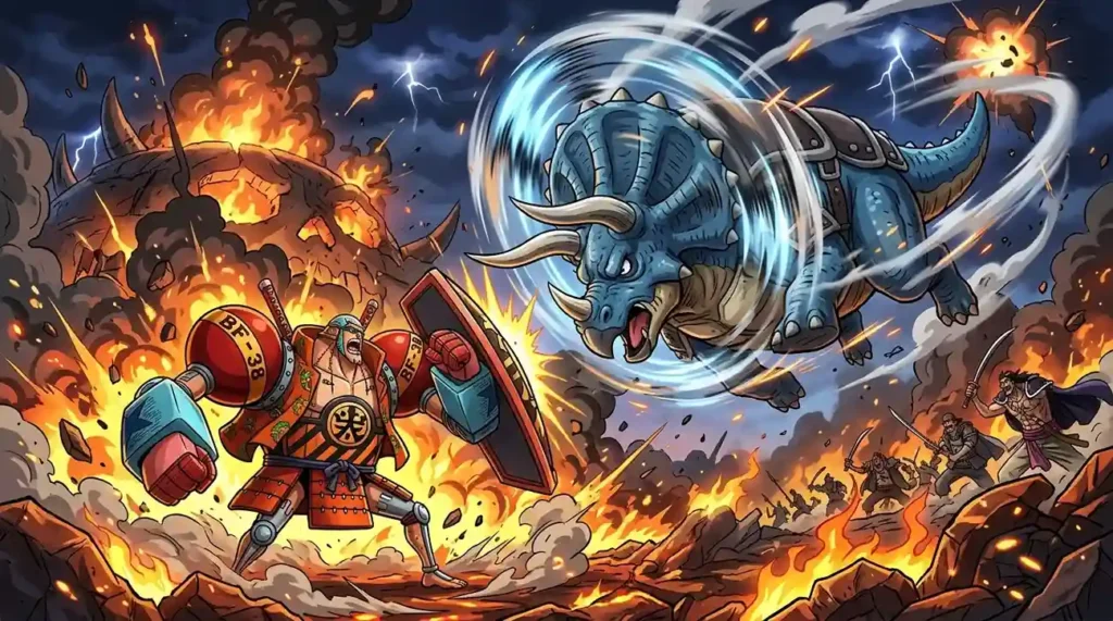 Sasaki Triceratops transformation attacking General Franky with spinning frill
