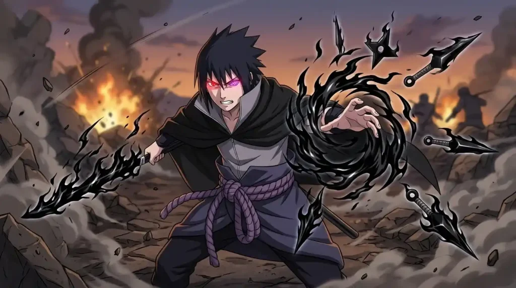 Sasuke Uchiha controlling Amaterasu black flames Kagutsuchi power