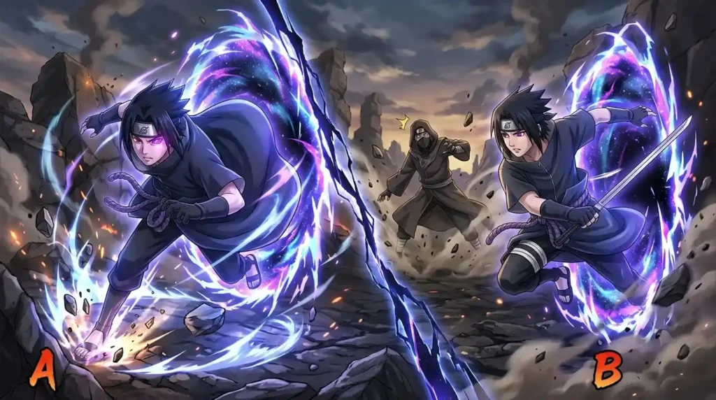 Sasuke using Amenotejikara teleportation with space-time distortion and glowing Rinnegan eye