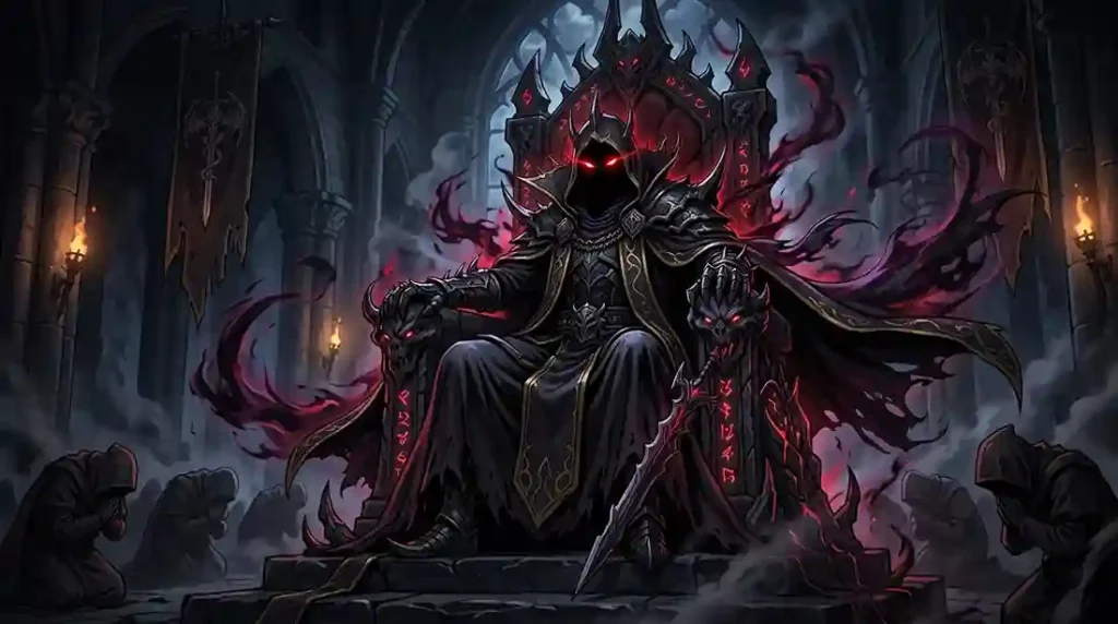 Imu sitting on dark throne with glowing red eyes in One Piece