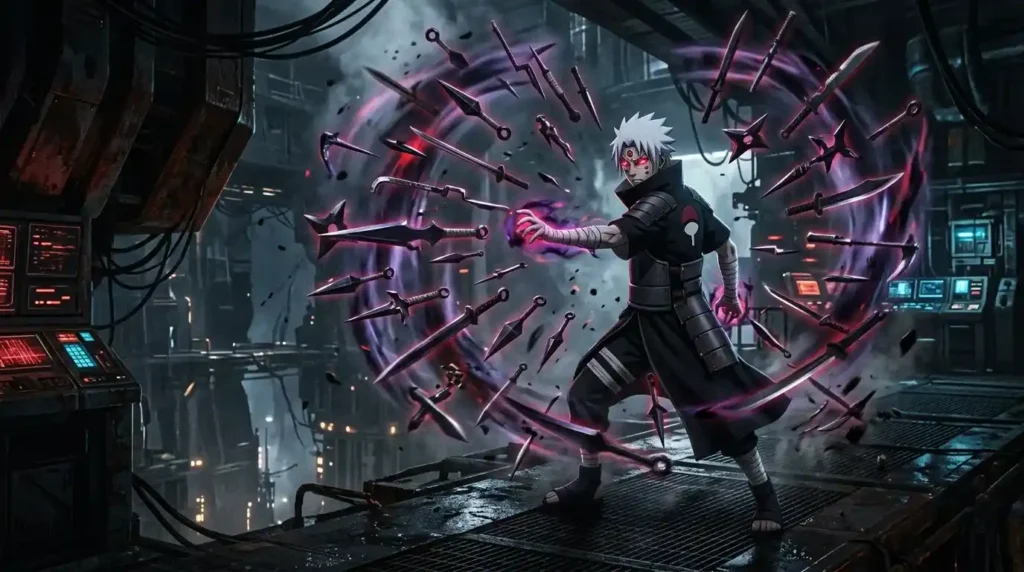 Shin Uchiha controlling floating weapons Mangekyo Sharingan ability