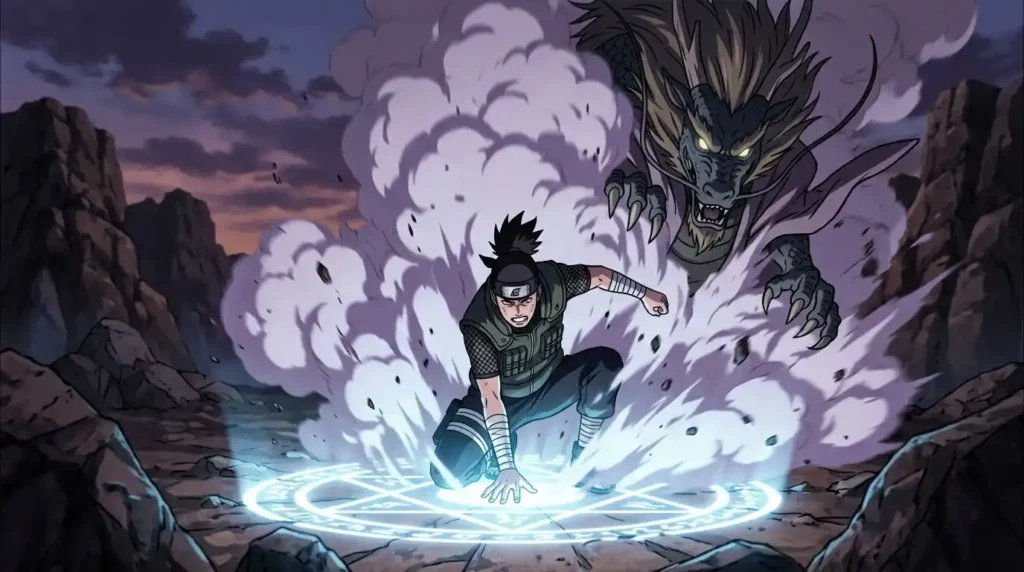 Naruto summoning jutsu scene with shinobi activating chakra circle and summoning a giant mythical creature in battle