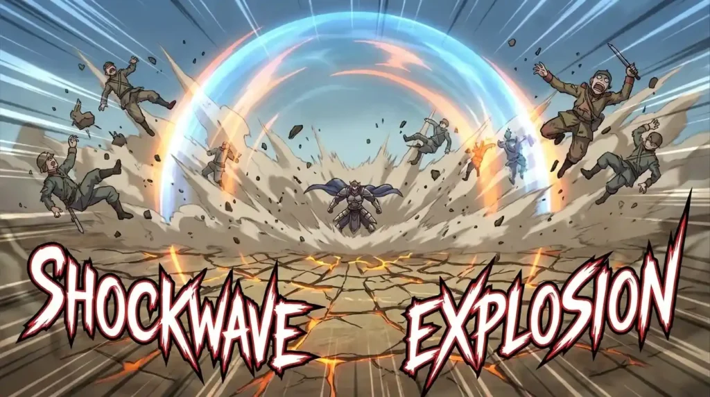 Massive Haki shockwave attack spreading across battlefield destroying ground and enemies