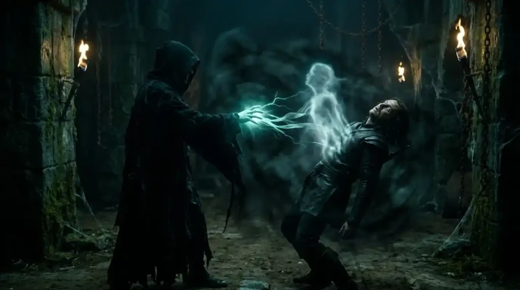 Dark anime scene showing soul extraction ability as glowing soul is pulled from enemy body