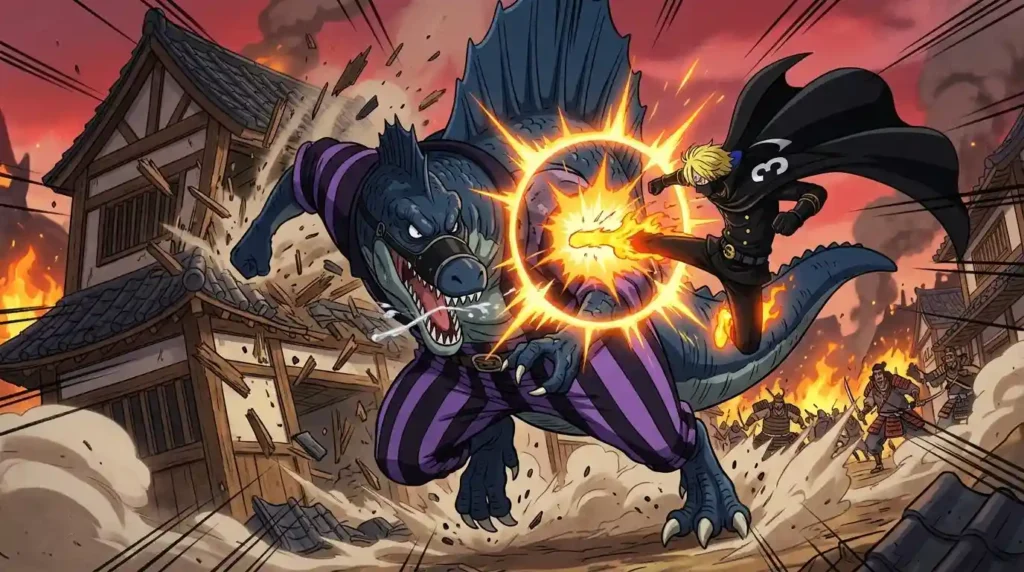 Page One Spinosaurus hybrid form fighting Raid Suit Sanji in One Piece