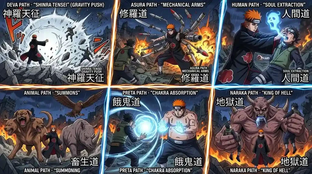 Six Paths of Pain abilities including gravity control, summoning, soul extraction, and chakra absorption in anime battle scene