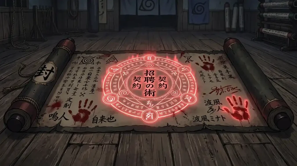 Naruto summoning scroll with blood contract signatures, glowing symbols, and ancient kanji markings on wooden floor