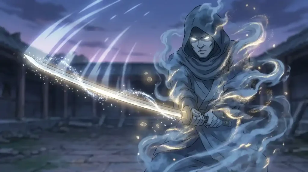 Logia user body turning into smoke and light while reforming after attack demonstrating intangibility and regeneration