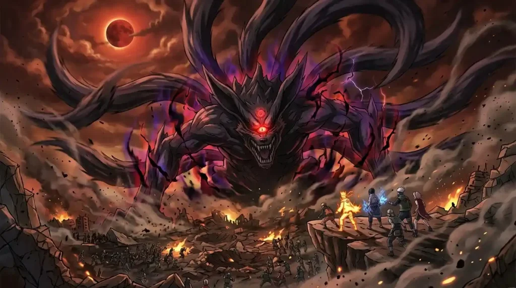 Ten Tails Juubi towering over battlefield with dark chakra aura glowing eyes apocalyptic Naruto scene