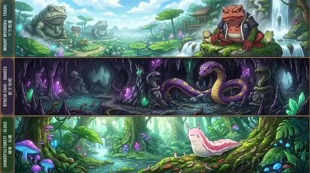 Mount Myoboku toads, Ryuchi Cave snakes, and Shikkotsu Forest slugs in detailed Naruto-style split environment scene