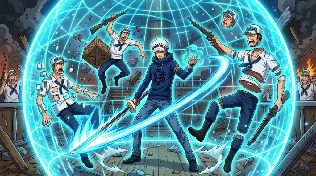 Trafalgar Law using Ope Ope no Mi abilities to manipulate space and cut enemies in tactical anime fight