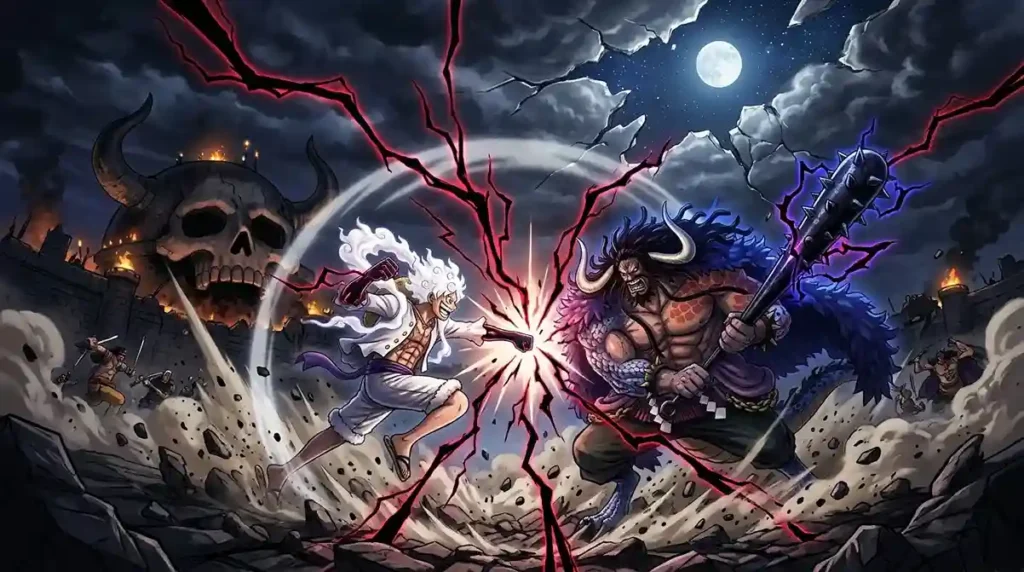 Two powerful One Piece fighters clashing with advanced Conqueror’s Haki as black lightning splits the sky above Onigashima.