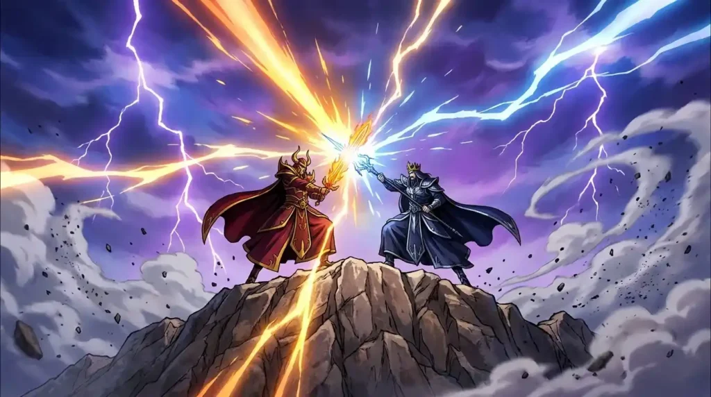 Epic sky splitting clash between two Yonko with lightning and clouds tearing apart