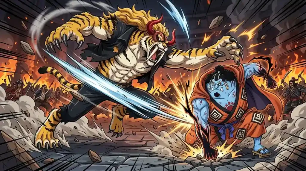 Whos Who Saber Toothed Tiger hybrid form fighting Jinbe with Rokushiki techniques