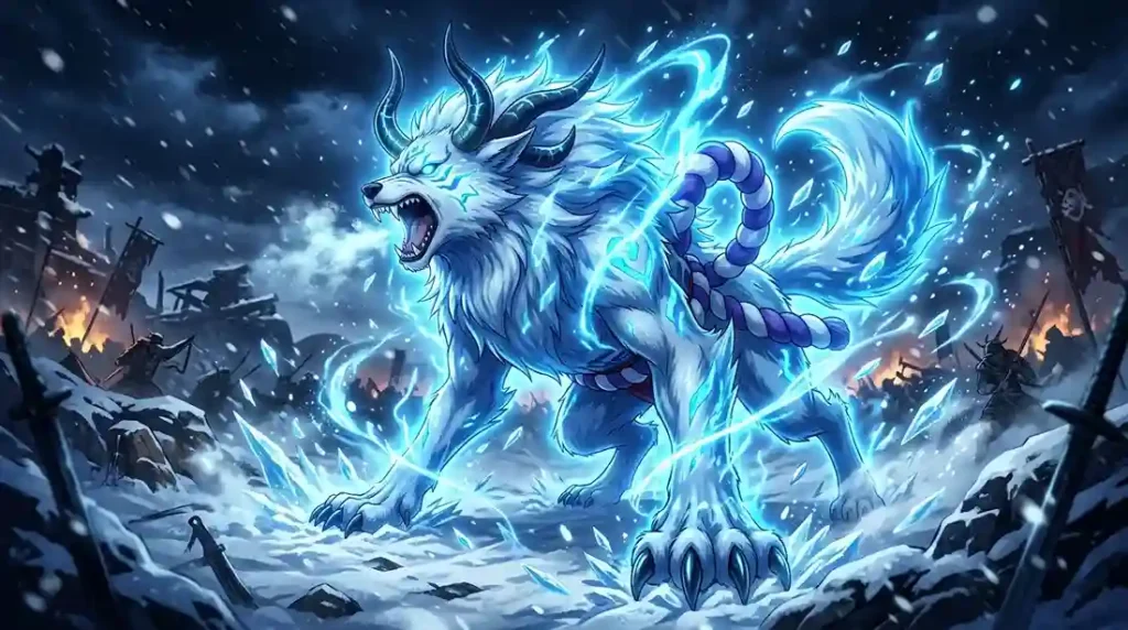 Yamato hybrid wolf form with ice powers and blue aura in One Piece