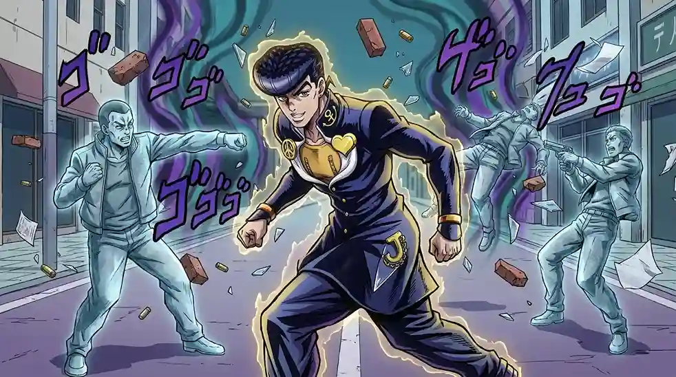 JoJo Stand user moving during stopped time while enemies remain frozen in place.