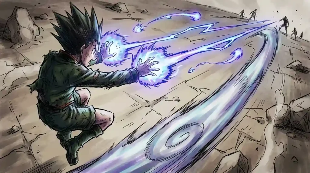Emitter Nen user firing powerful long-range aura blasts and projectiles in Hunter x Hunter.