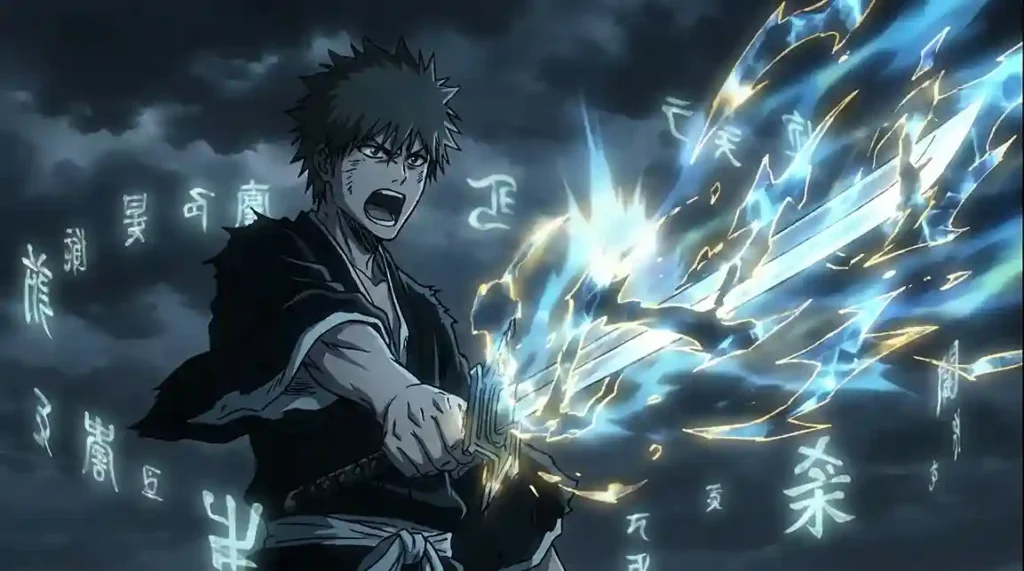Shinigami activating a Shikai release command as glowing symbols
