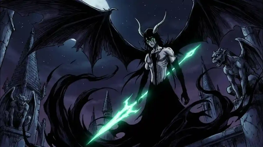 Ulquiorra Cifer Segunda Etapa transformation with black wings horns and glowing green eyes