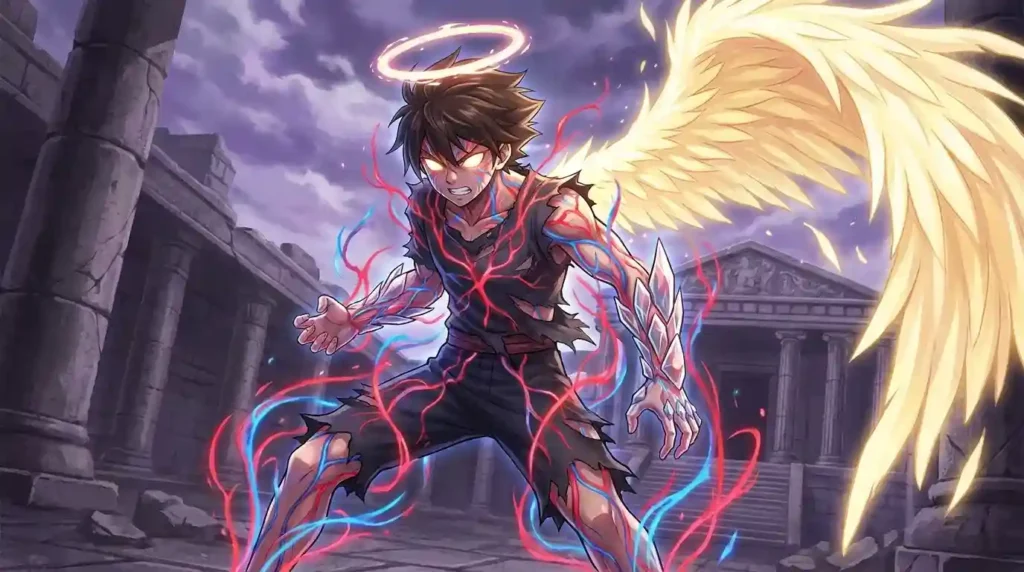 Quincy Vollständig transformation with angelic wings, halo, and advanced Reishi powers
