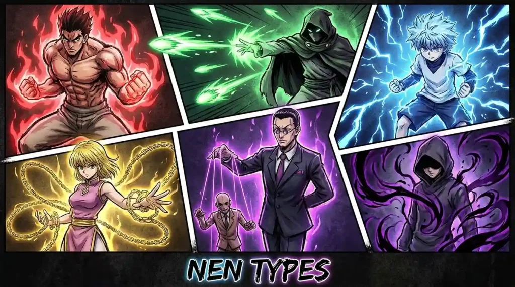 Six Hunter x Hunter Nen types represented by unique aura abilities and combat powers