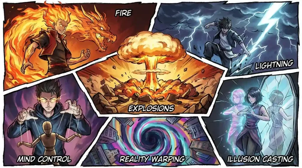 Generated Quincy abilities including elemental attacks, mental powers, and reality manipulation