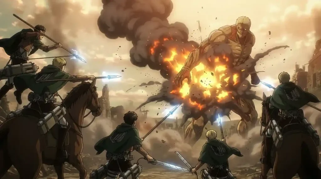 Survey Corps soldiers attacking the Armored Titan with Thunder Spears during battle.