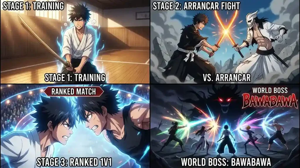 Full Resurreccion progression stages featuring ranked battles raids and world boss fights