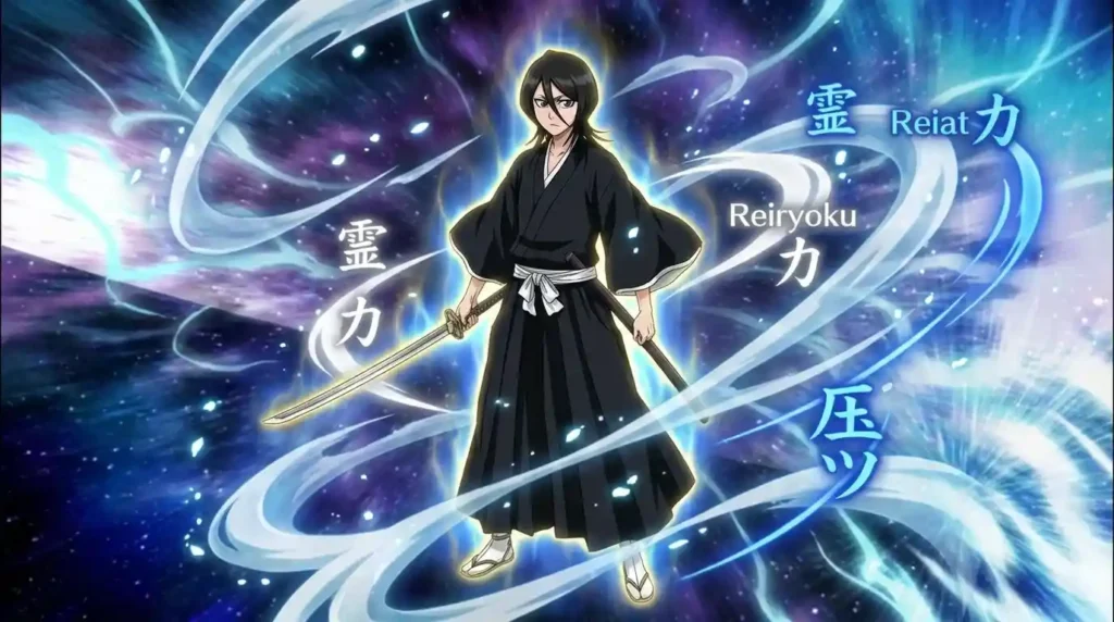 Soul Reaper surrounded by Reiryoku and Reiatsu spiritual energy aura in Bleach power system