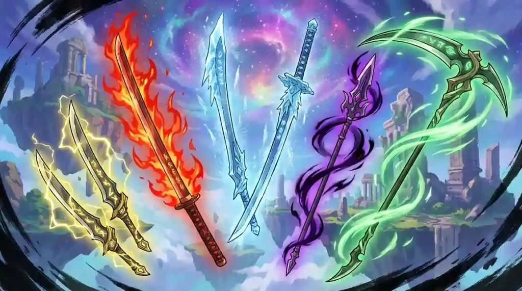 Various Zanpakuto weapon types including katana, spear, scythe, and dual blades