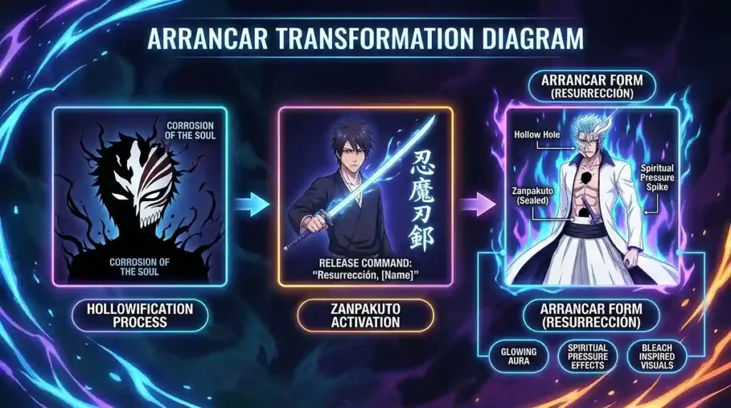 Bleach Resurreccion transformation diagram showing Zanpakuto release and Hollow evolution process