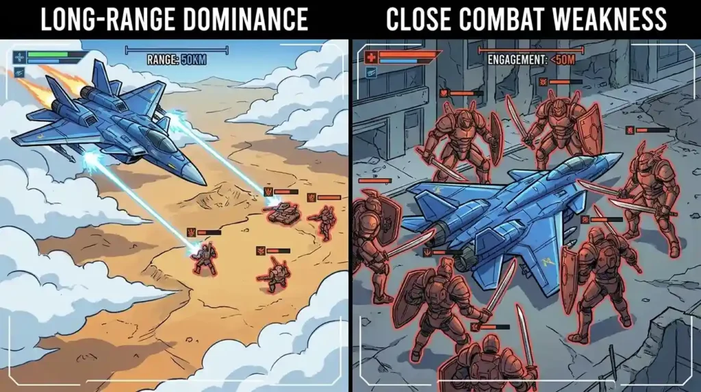Comparison of Emitter Nen strengths in long-range combat and weaknesses in close-range battles.
