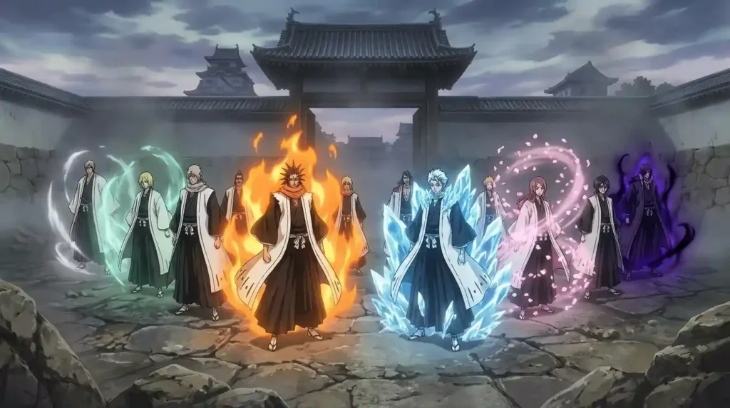 Bleach captains displaying unique spiritual powers and elemental auras in formation