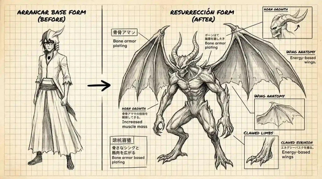 Arrancar character design comparison showing base form and Resurreccion transformation changes