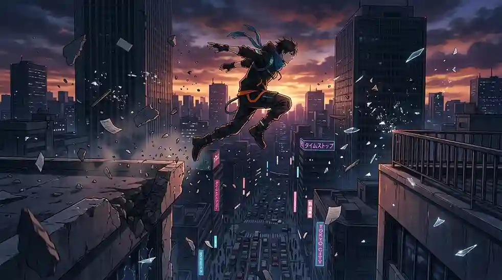 JoJo character using advanced Time Stop movement across a frozen city landscape.