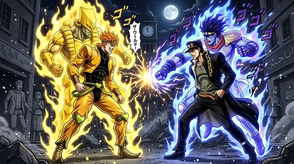 DIO and Jotaro Kujo battling with Time Stop powers in JoJo's Bizarre Adventure.