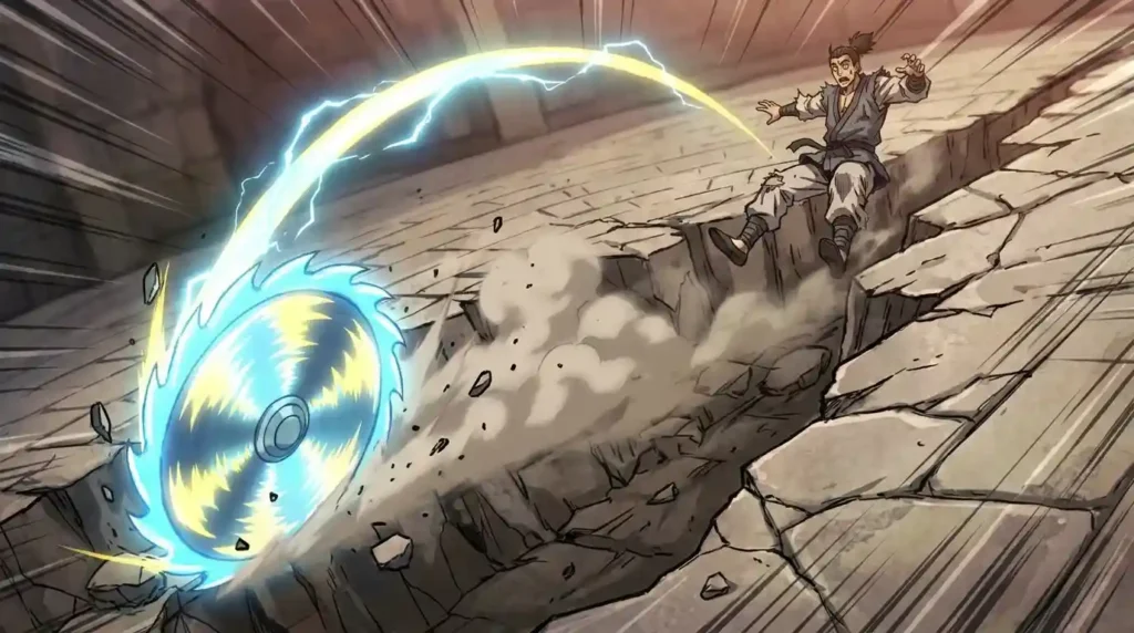 The Destructo Disk cuts through the arena floor, creating a tactical advantage in battle.