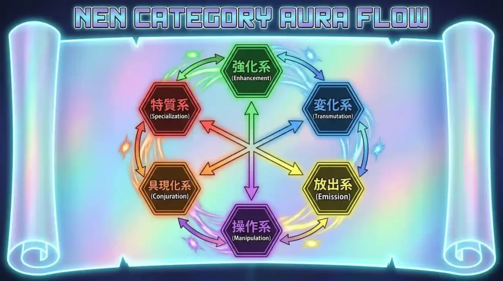 Hunter x Hunter Nen categories diagram explaining Nen Beast Summoning mechanics