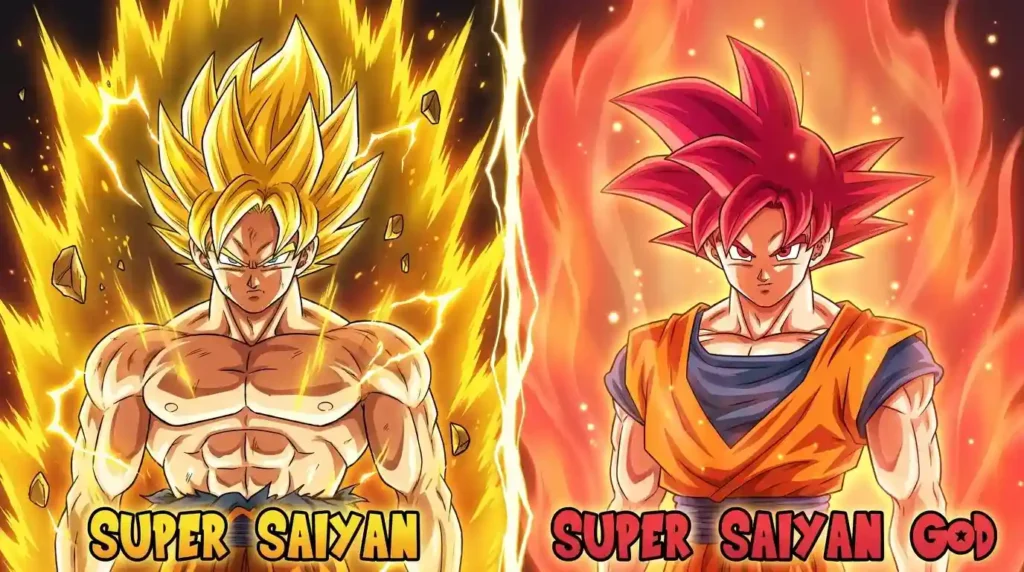 Comparison between normal Super Saiyan Ki and Super Saiyan God Ki aura in Dragon Ball.
