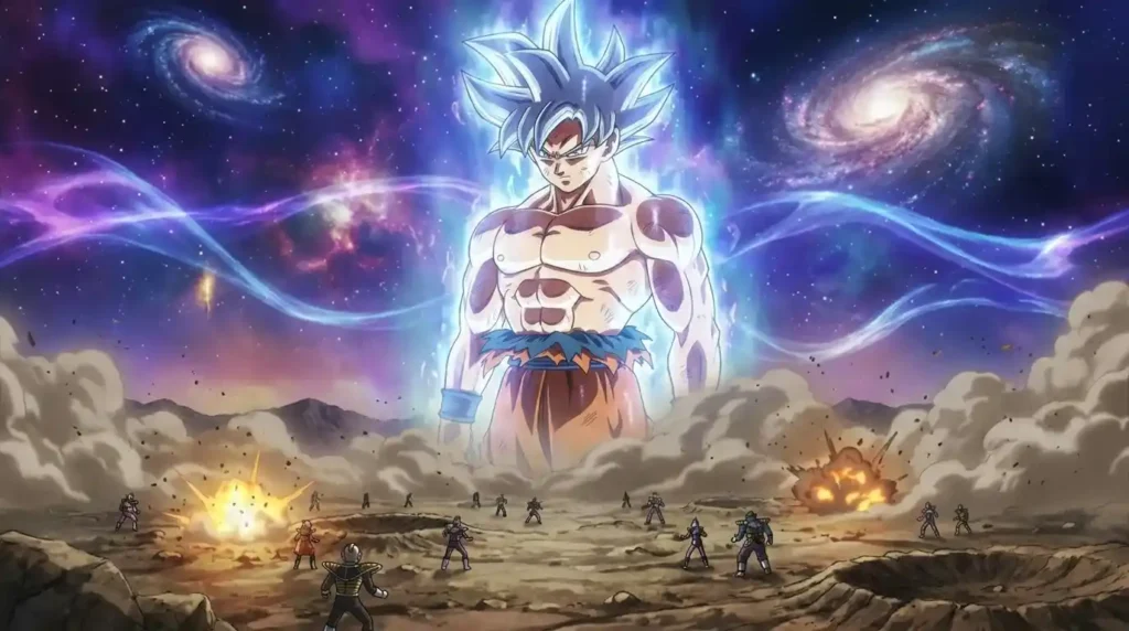 Giant Ultra Instinct energy avatar showcasing Goku's divine powers and abilities.