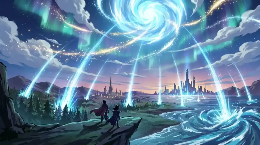 Spirit Bomb gathering energy from forests, oceans, and cities into a massive glowing blue-white orb.