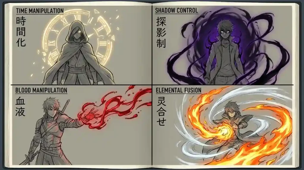 Four unique Shikai concepts featuring time control, shadow manipulation, blood powers