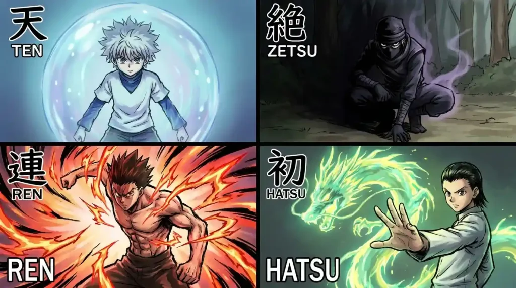 Four basic Nen principles Ten Zetsu Ren and Hatsu displayed with unique aura effects in Hunter x Hunter