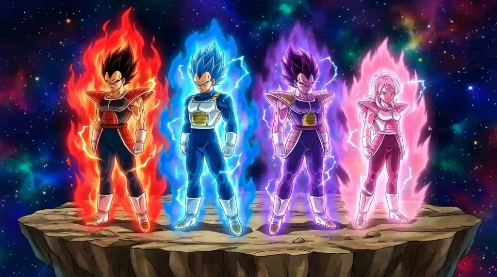 Different God Ki aura colors including Super Saiyan God, Blue, Rosรฉ, and Destruction energy.