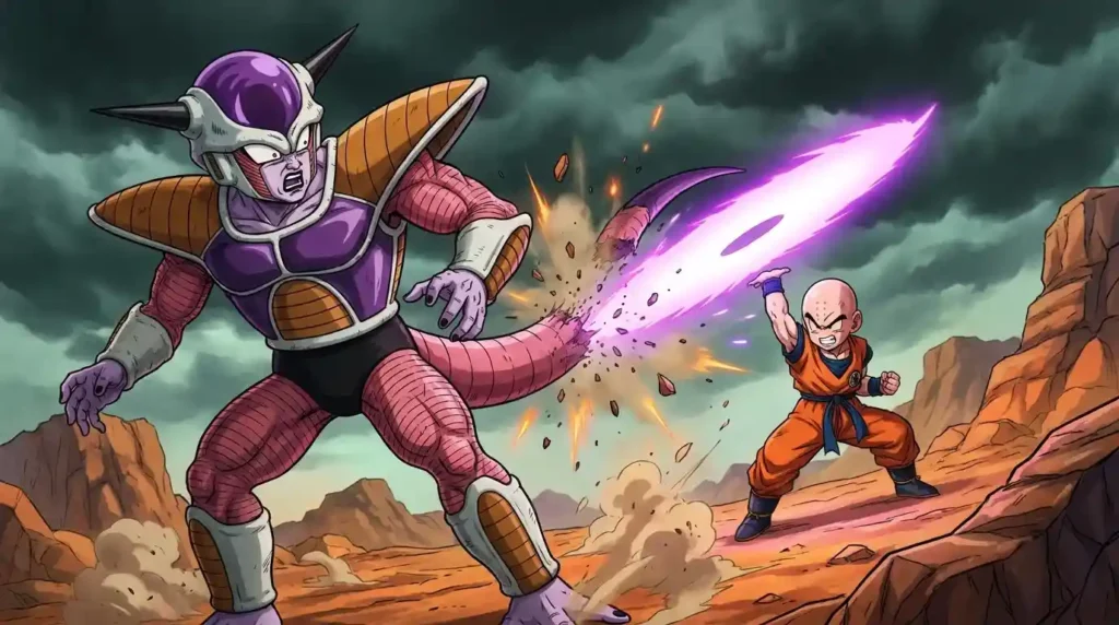 Krillin's Destructo Disk cuts through Frieza's tail during their battle on Planet Namek.